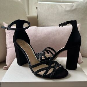 NWT Black sparkle cross cross strap satin thick heels